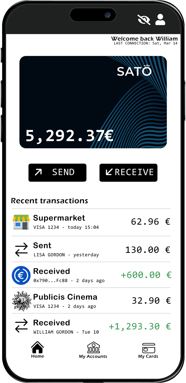 SATO app interface displaying account balance, recent transactions, and options to send or receive funds