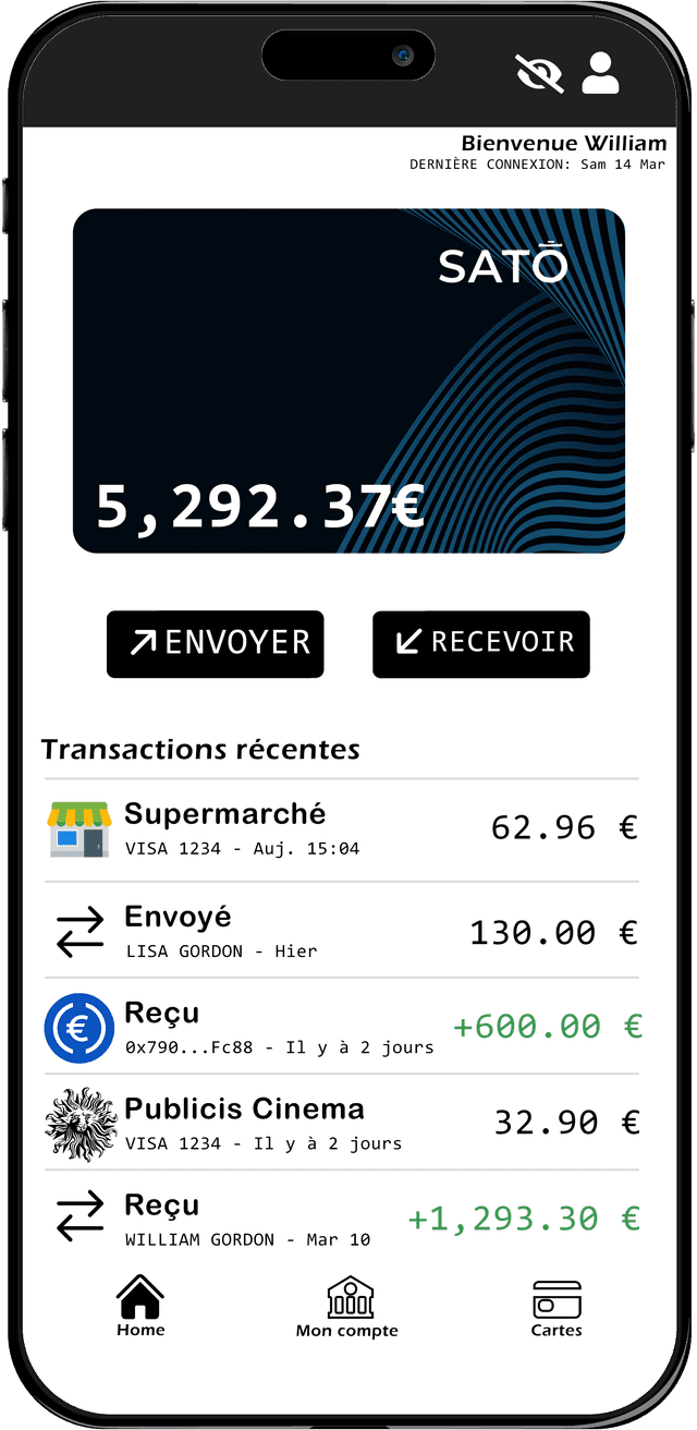 Interface de l'application SATO affichant le solde du compte, les transactions récentes et les options permettant d'envoyer ou de recevoir des fonds